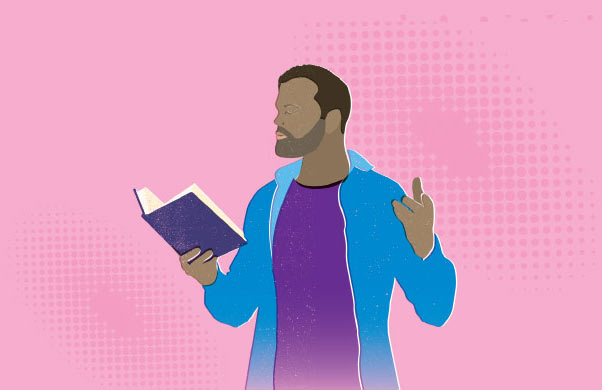 Illustration of man singing with book